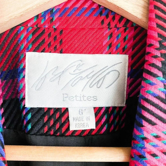 Vintage Lord & Taylor Magenta Pink Plaid Viscose Cropped Boxy Blazer 6P - Picture 3 of 7